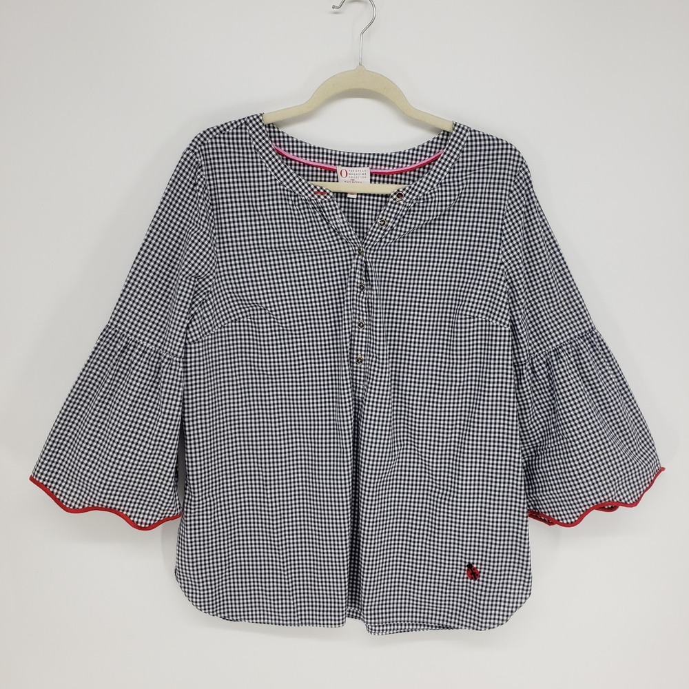 Talbots Gingham Check Blouse Women Sz L Black White Scallop Bell Sleeve Oprah